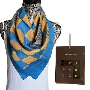 TRADE MARK 100% Silk square Scarf Blue Gold Geometric‎ Made in India Large NWT